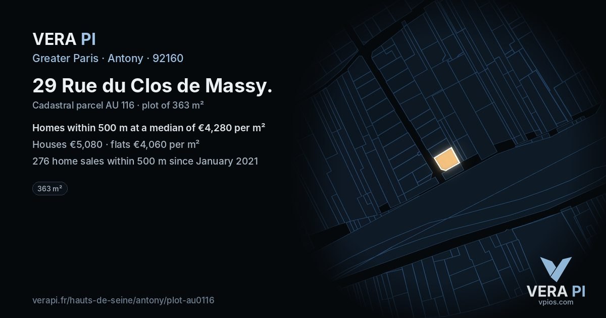 29 Rue du Clos de Massy, Antony at night – the plot lit, the parcels around coloured by the prices near them