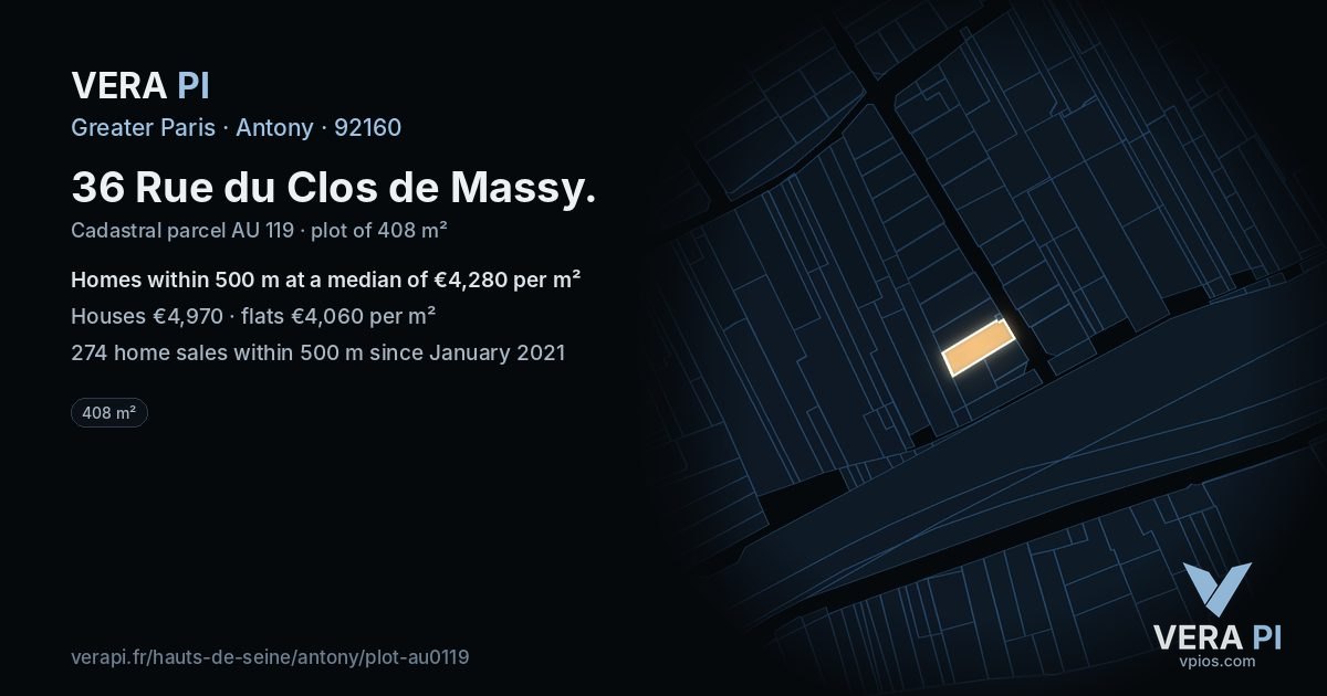 36 Rue du Clos de Massy, Antony at night – the plot lit, the parcels around coloured by the prices near them