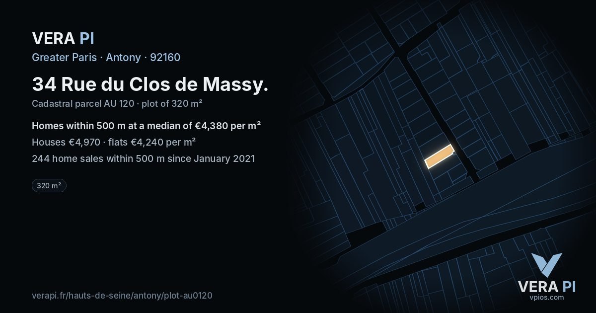 34 Rue du Clos de Massy, Antony at night – the plot lit, the parcels around coloured by the prices near them