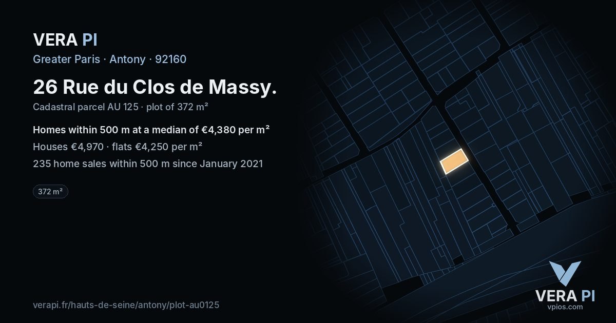 26 Rue du Clos de Massy, Antony at night – the plot lit, the parcels around coloured by the prices near them