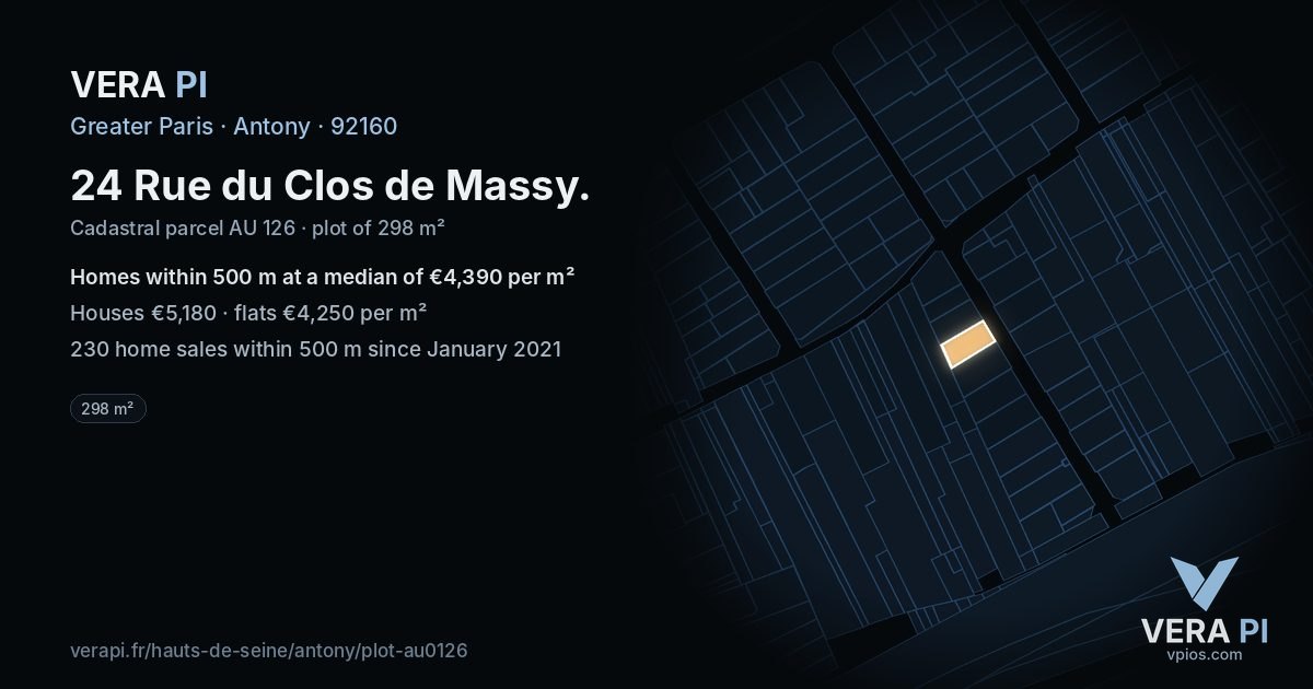 24 Rue du Clos de Massy, Antony at night – the plot lit, the parcels around coloured by the prices near them