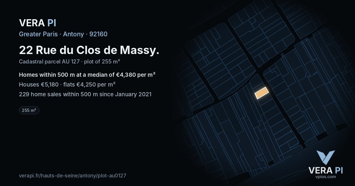 22 Rue du Clos de Massy, Antony at night – the plot lit, the parcels around coloured by the prices near them