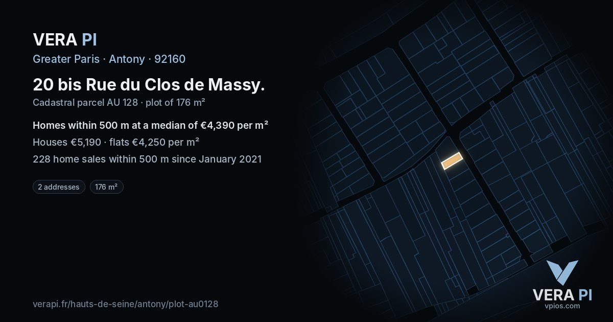 20 bis Rue du Clos de Massy, Antony at night – the plot lit, the parcels around coloured by the prices near them