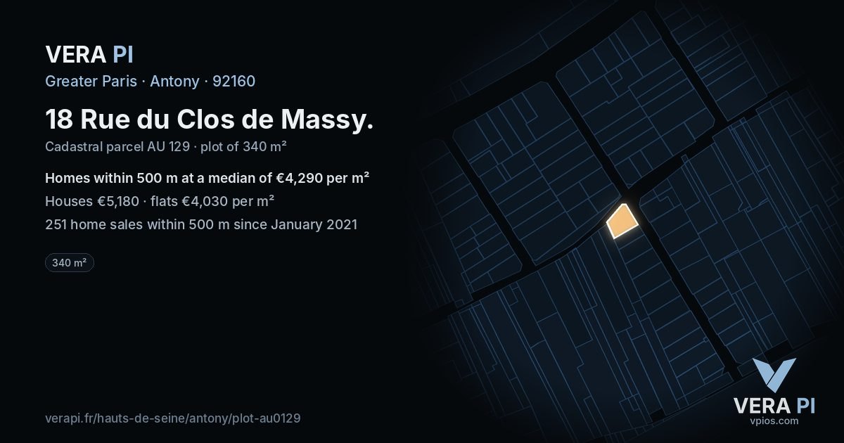 18 Rue du Clos de Massy, Antony at night – the plot lit, the parcels around coloured by the prices near them