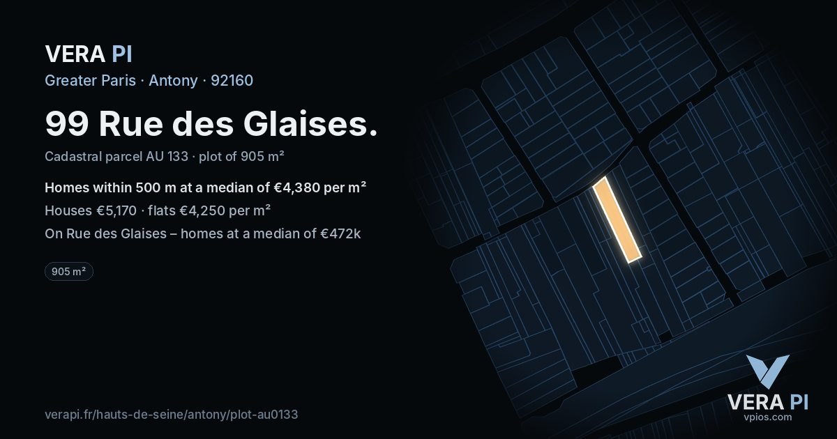 99 Rue des Glaises, Antony at night – the plot lit, the parcels around coloured by the prices near them