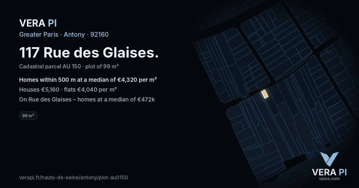 117 Rue des Glaises, Antony at night – the plot lit, the parcels around coloured by the prices near them
