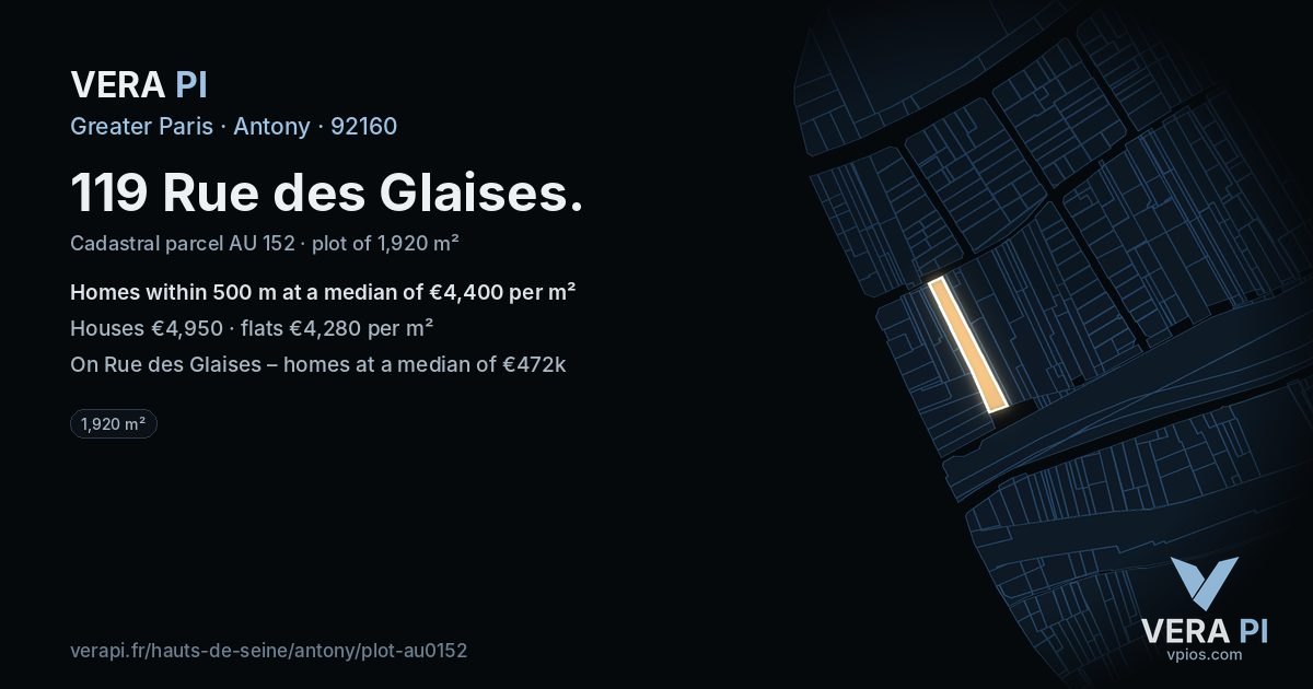 119 Rue des Glaises, Antony at night – the plot lit, the parcels around coloured by the prices near them