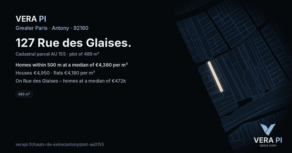 127 Rue des Glaises, Antony at night – the plot lit, the parcels around coloured by the prices near them