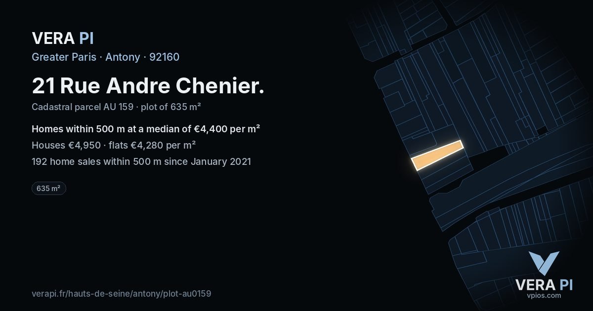 21 Rue Andre Chenier, Antony at night – the plot lit, the parcels around coloured by the prices near them