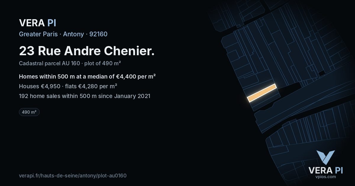 23 Rue Andre Chenier, Antony at night – the plot lit, the parcels around coloured by the prices near them