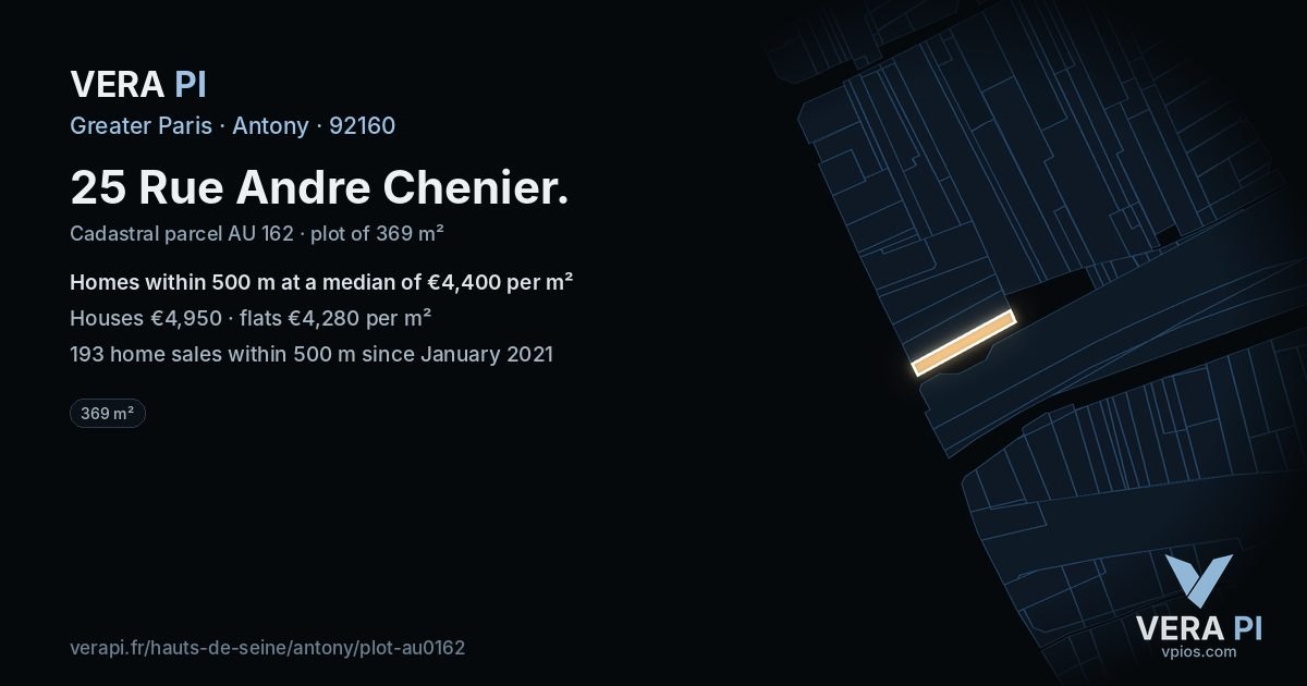 25 Rue Andre Chenier, Antony at night – the plot lit, the parcels around coloured by the prices near them