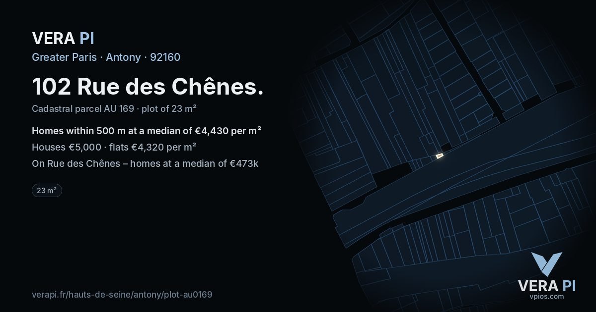 102 Rue des Chênes, Antony at night – the plot lit, the parcels around coloured by the prices near them