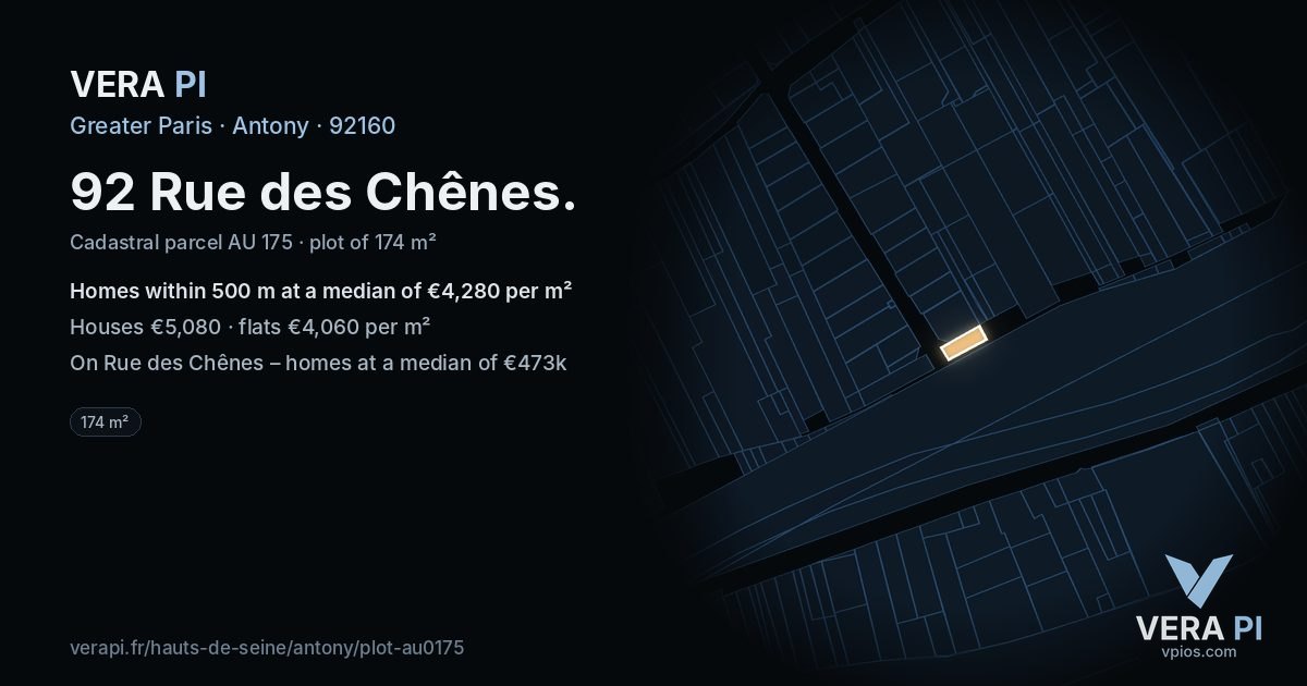 92 Rue des Chênes, Antony at night – the plot lit, the parcels around coloured by the prices near them