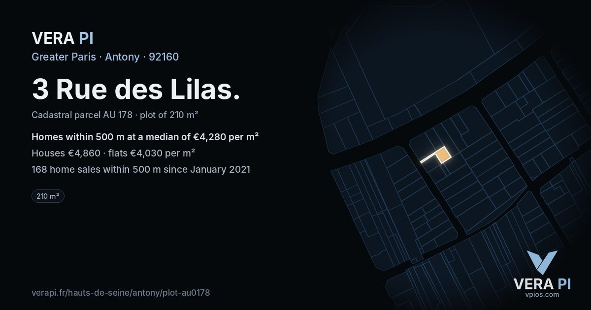 3 Rue des Lilas, Antony at night – the plot lit, the parcels around coloured by the prices near them