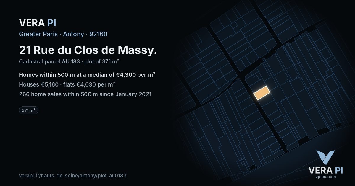 21 Rue du Clos de Massy, Antony at night – the plot lit, the parcels around coloured by the prices near them
