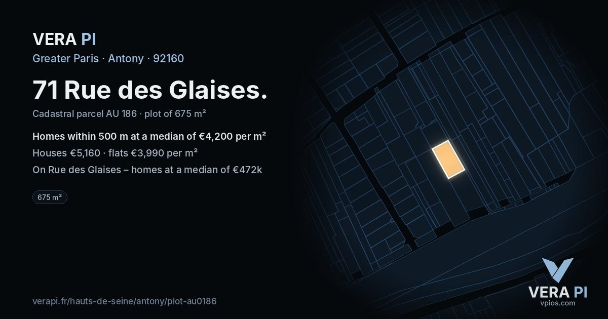 71 Rue des Glaises, Antony at night – the plot lit, the parcels around coloured by the prices near them