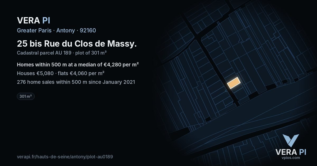 25 bis Rue du Clos de Massy, Antony at night – the plot lit, the parcels around coloured by the prices near them