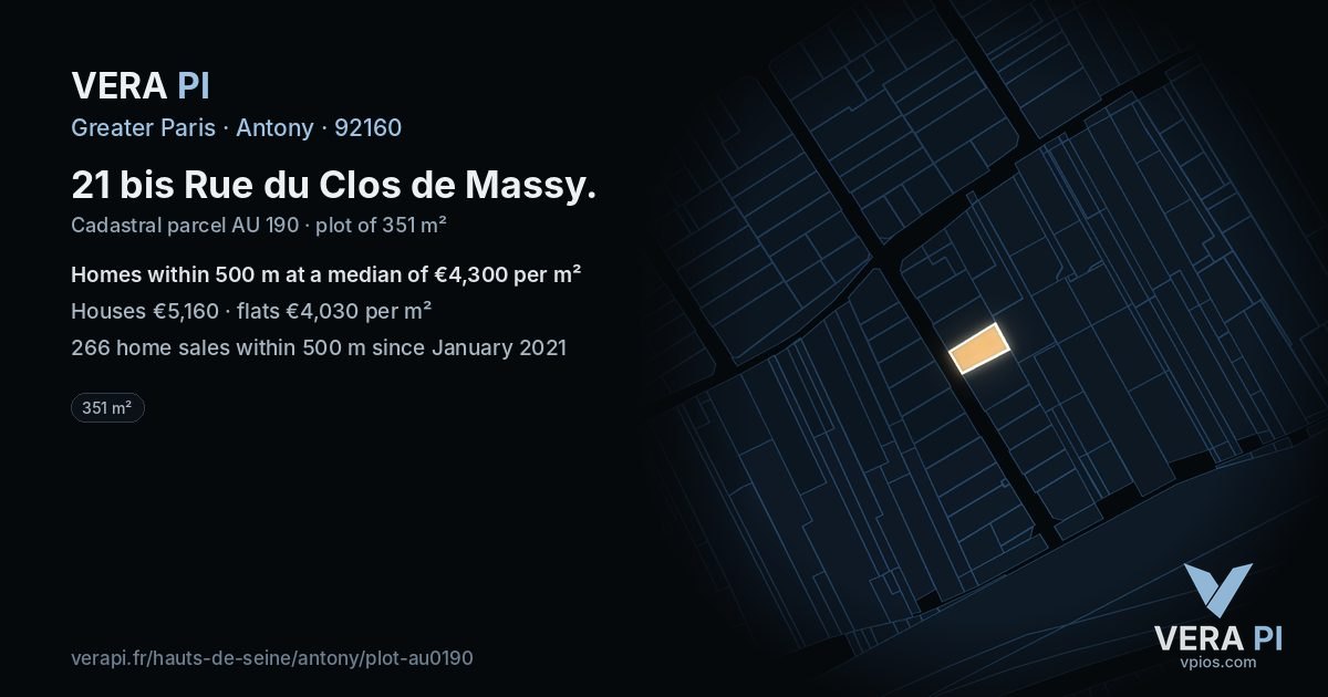 21 bis Rue du Clos de Massy, Antony at night – the plot lit, the parcels around coloured by the prices near them