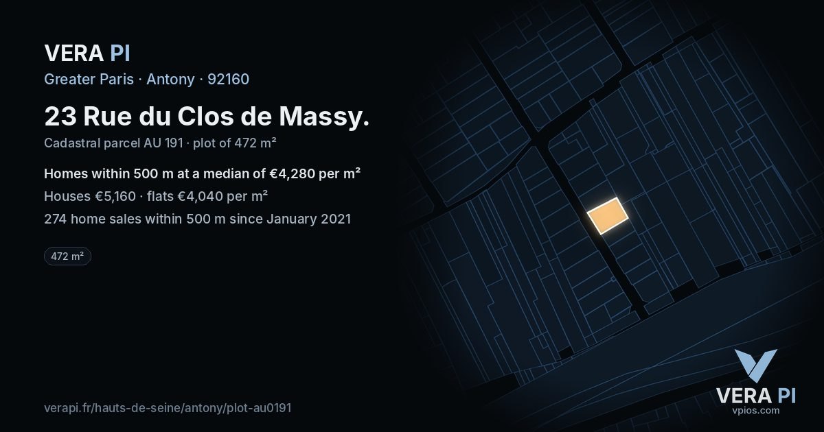 23 Rue du Clos de Massy, Antony at night – the plot lit, the parcels around coloured by the prices near them
