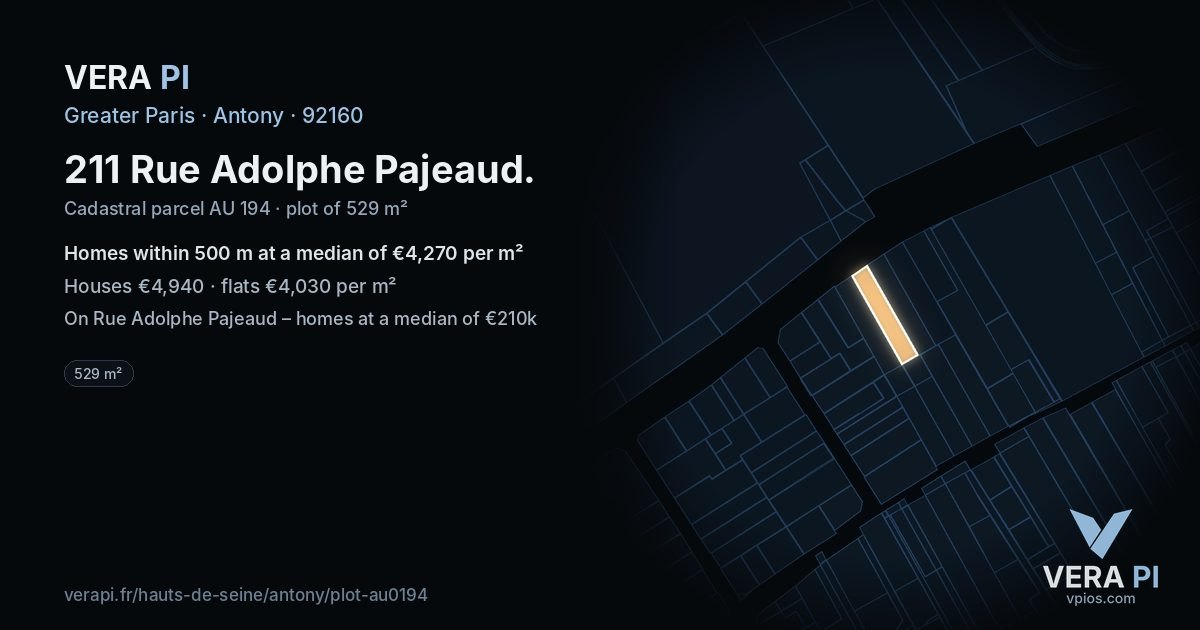 211 Rue Adolphe Pajeaud, Antony at night – the plot lit, the parcels around coloured by the prices near them
