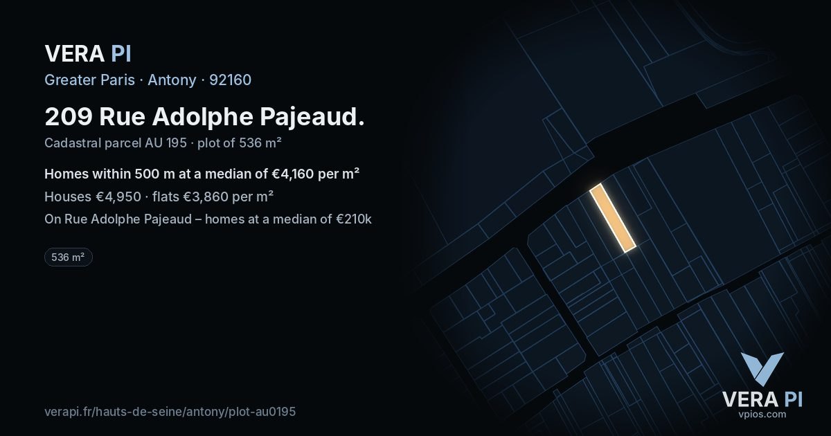 209 Rue Adolphe Pajeaud, Antony at night – the plot lit, the parcels around coloured by the prices near them
