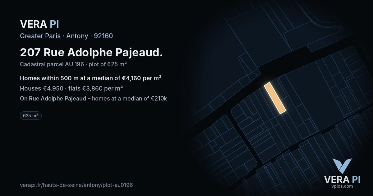 207 Rue Adolphe Pajeaud, Antony at night – the plot lit, the parcels around coloured by the prices near them