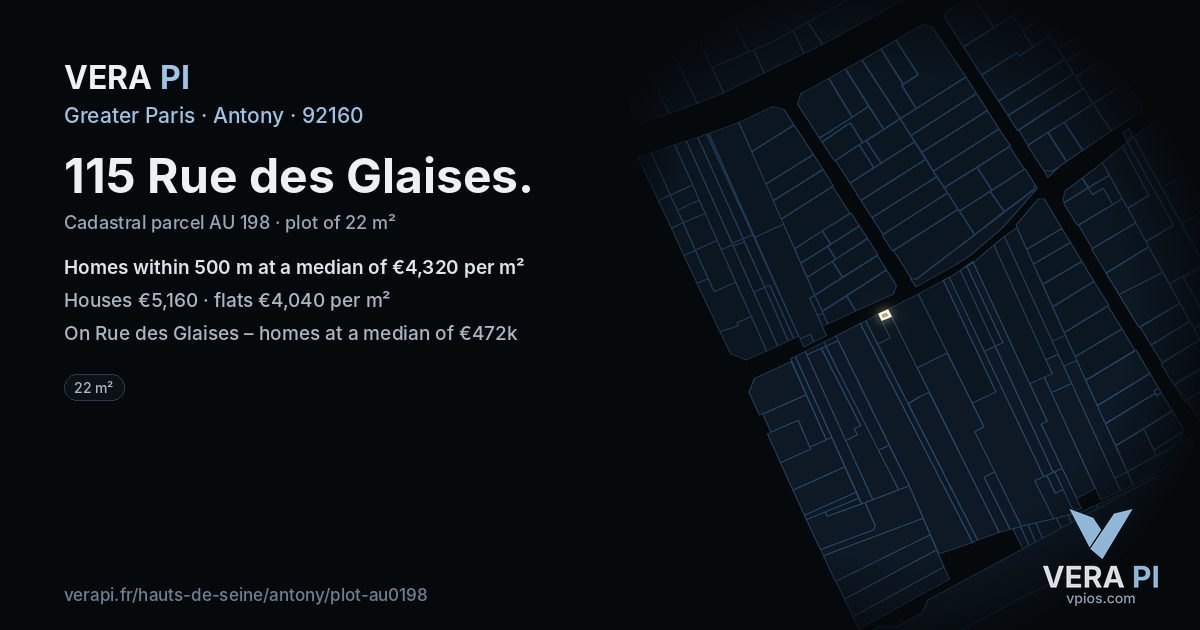 115 Rue des Glaises, Antony at night – the plot lit, the parcels around coloured by the prices near them