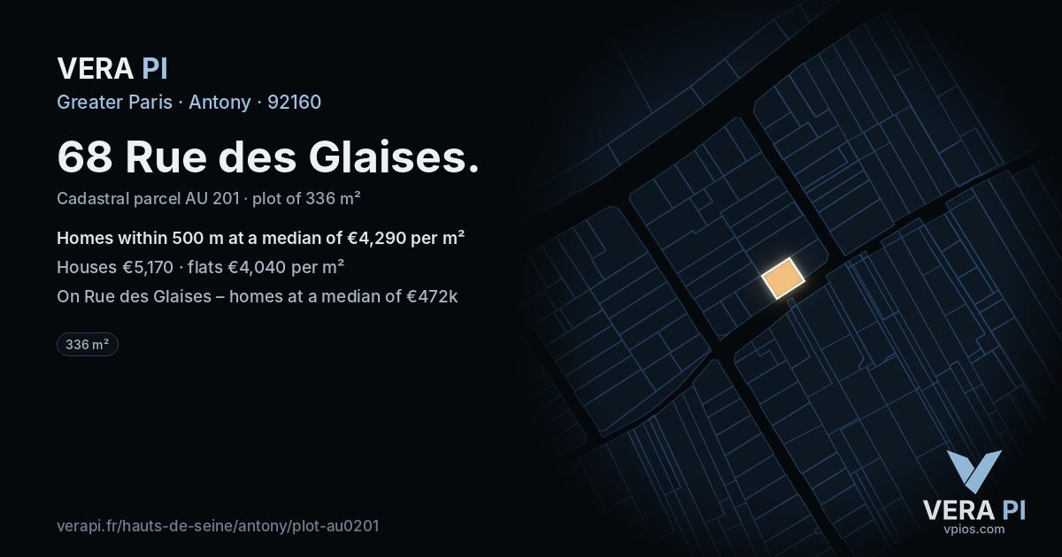 68 Rue des Glaises, Antony at night – the plot lit, the parcels around coloured by the prices near them