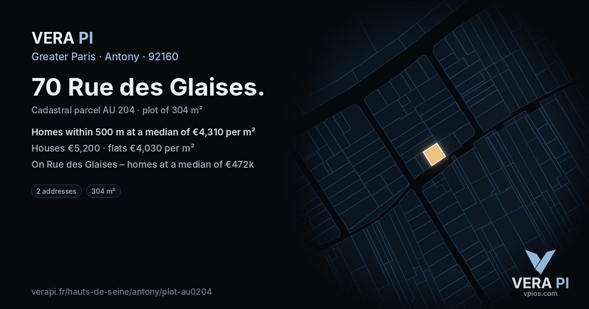 70 Rue des Glaises, Antony at night – the plot lit, the parcels around coloured by the prices near them