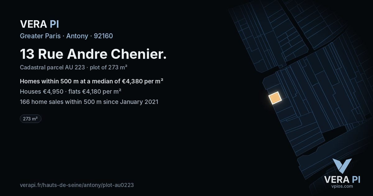 13 Rue Andre Chenier, Antony at night – the plot lit, the parcels around coloured by the prices near them