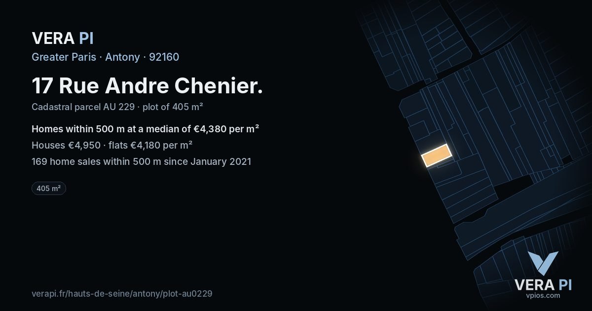 17 Rue Andre Chenier, Antony at night – the plot lit, the parcels around coloured by the prices near them