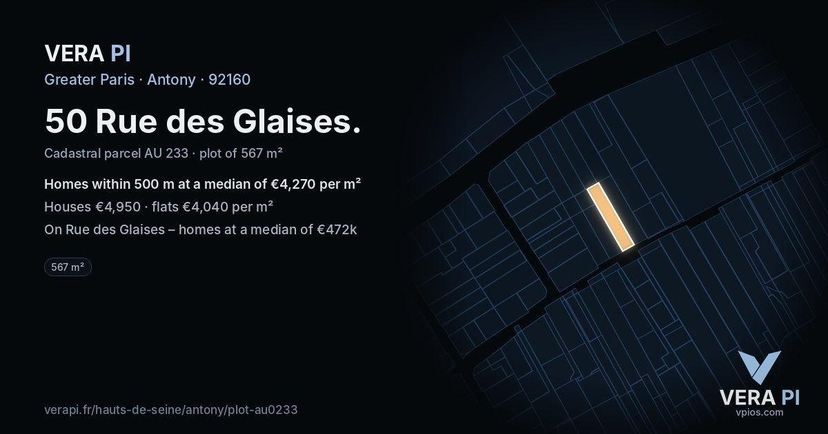 50 Rue des Glaises, Antony at night – the plot lit, the parcels around coloured by the prices near them