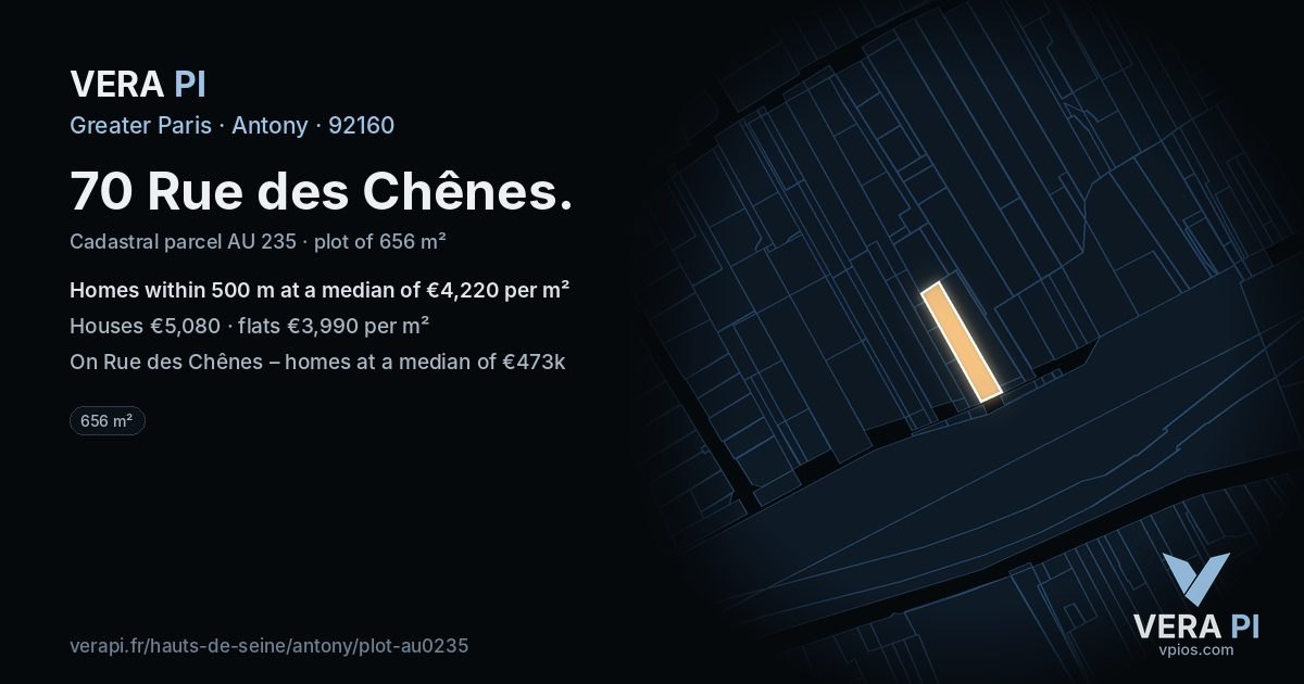 70 Rue des Chênes, Antony at night – the plot lit, the parcels around coloured by the prices near them