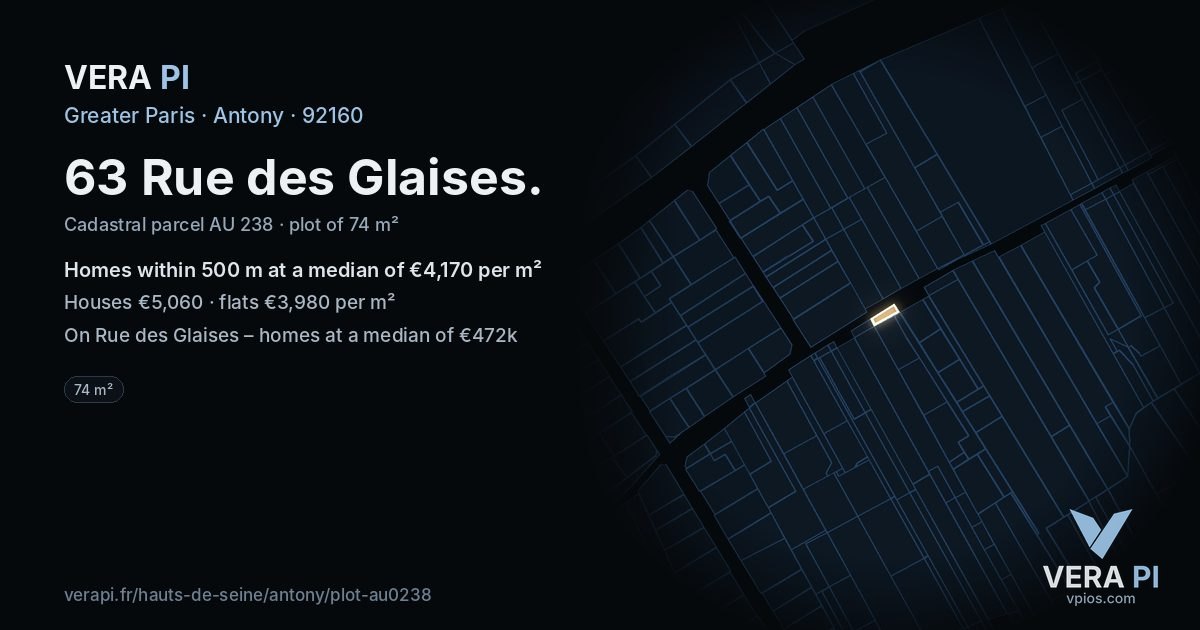 63 Rue des Glaises, Antony at night – the plot lit, the parcels around coloured by the prices near them