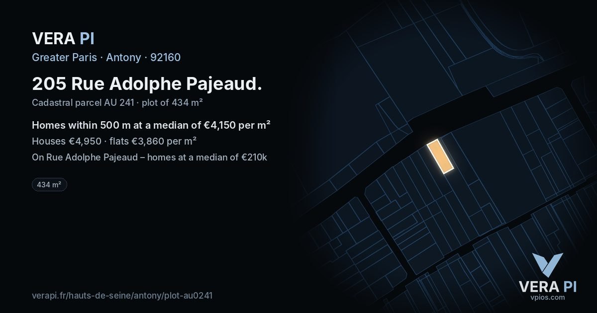205 Rue Adolphe Pajeaud, Antony at night – the plot lit, the parcels around coloured by the prices near them