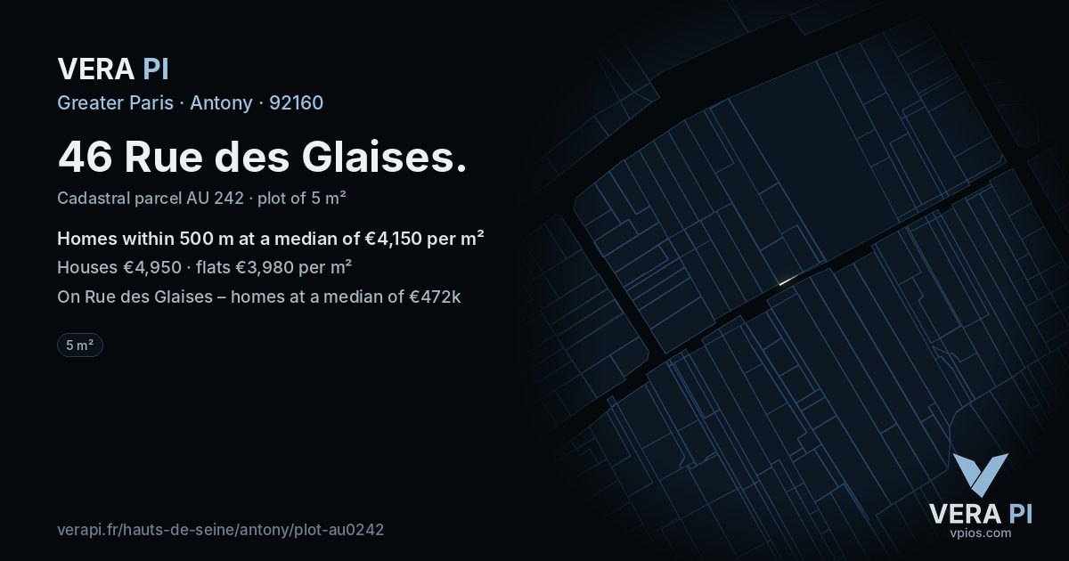 46 Rue des Glaises, Antony at night – the plot lit, the parcels around coloured by the prices near them