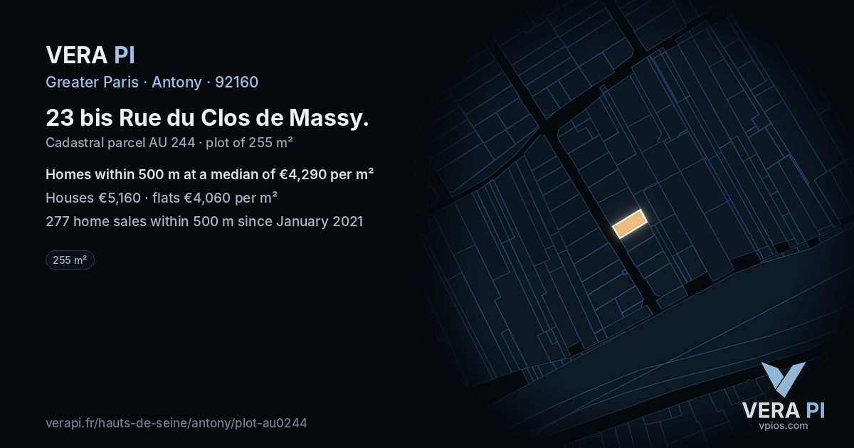 23 bis Rue du Clos de Massy, Antony at night – the plot lit, the parcels around coloured by the prices near them