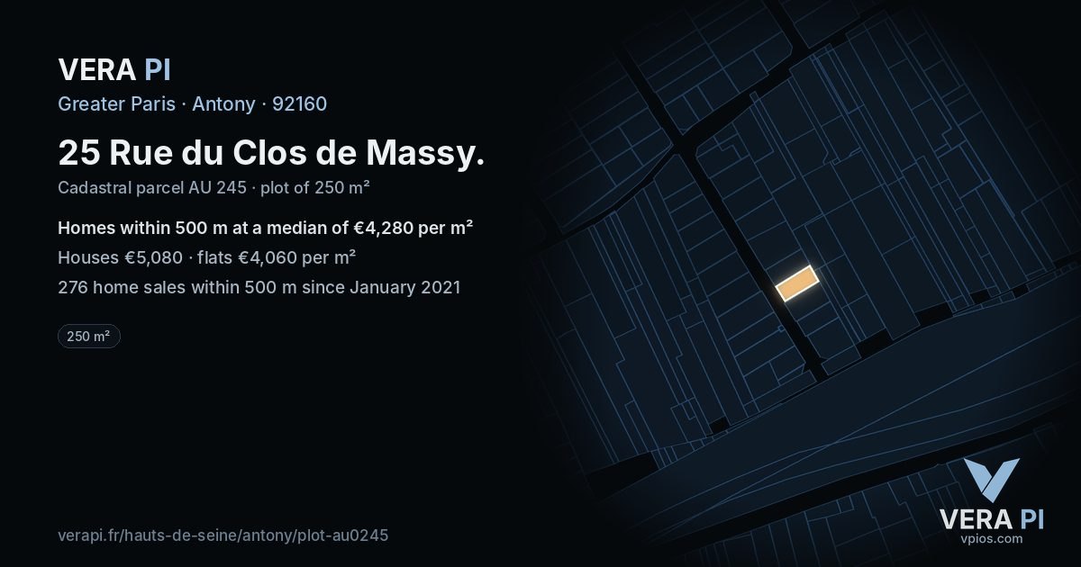 25 Rue du Clos de Massy, Antony at night – the plot lit, the parcels around coloured by the prices near them