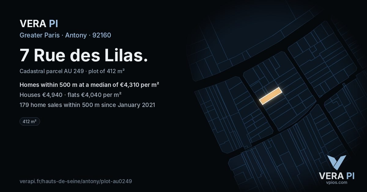 7 Rue des Lilas, Antony at night – the plot lit, the parcels around coloured by the prices near them