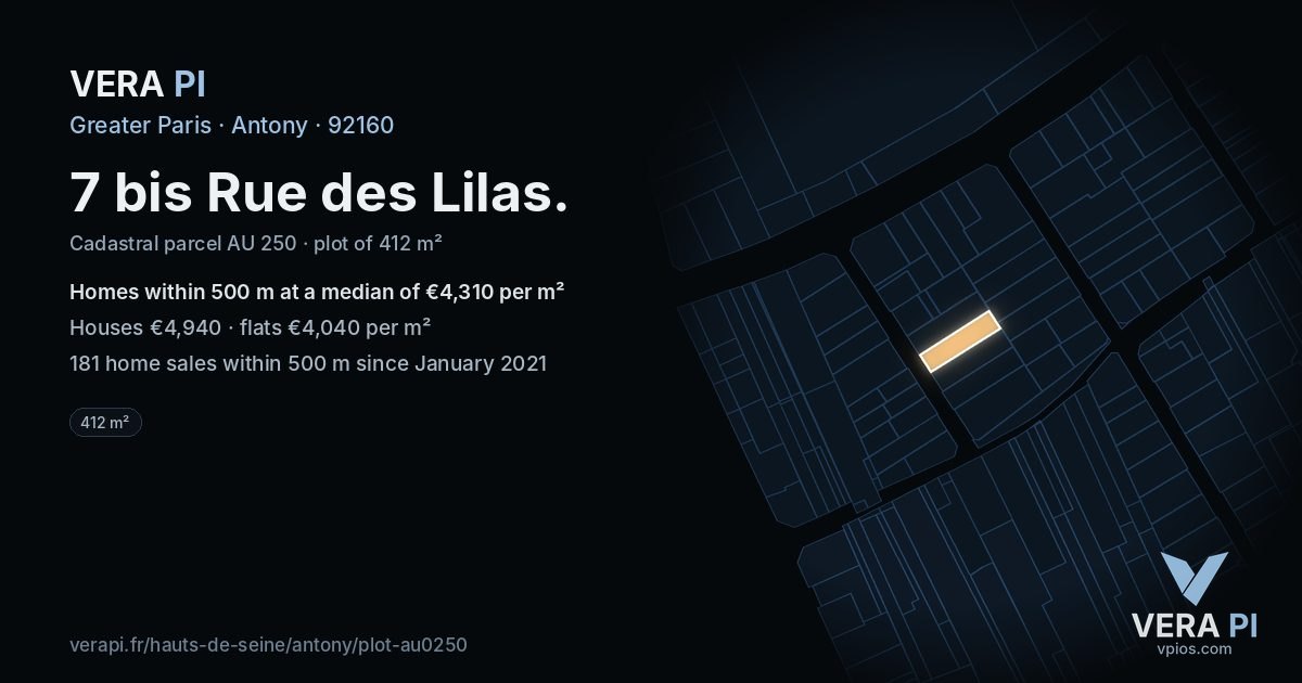 7 bis Rue des Lilas, Antony at night – the plot lit, the parcels around coloured by the prices near them
