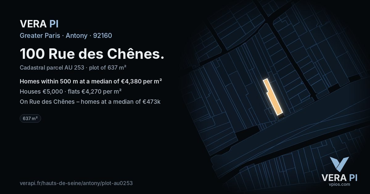 100 Rue des Chênes, Antony at night – the plot lit, the parcels around coloured by the prices near them