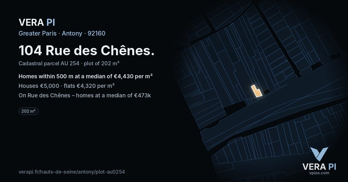 104 Rue des Chênes, Antony at night – the plot lit, the parcels around coloured by the prices near them