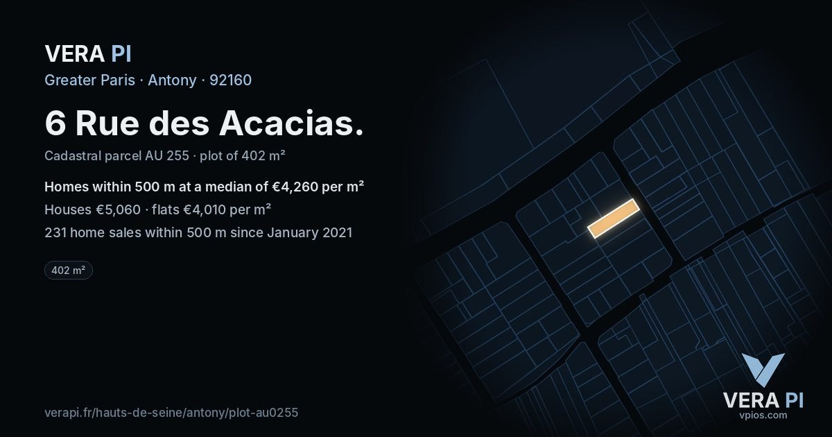 6 Rue des Acacias, Antony at night – the plot lit, the parcels around coloured by the prices near them