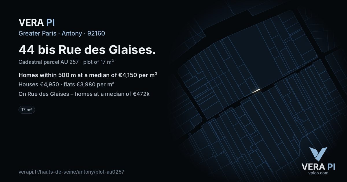 44 bis Rue des Glaises, Antony at night – the plot lit, the parcels around coloured by the prices near them