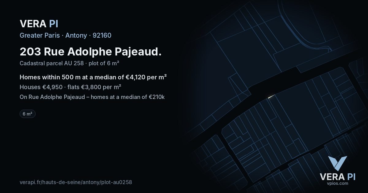 203 Rue Adolphe Pajeaud, Antony at night – the plot lit, the parcels around coloured by the prices near them