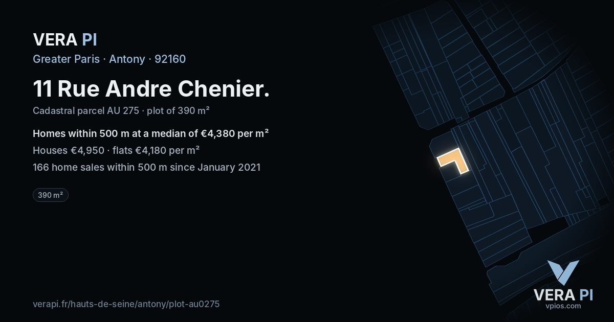 11 Rue Andre Chenier, Antony at night – the plot lit, the parcels around coloured by the prices near them