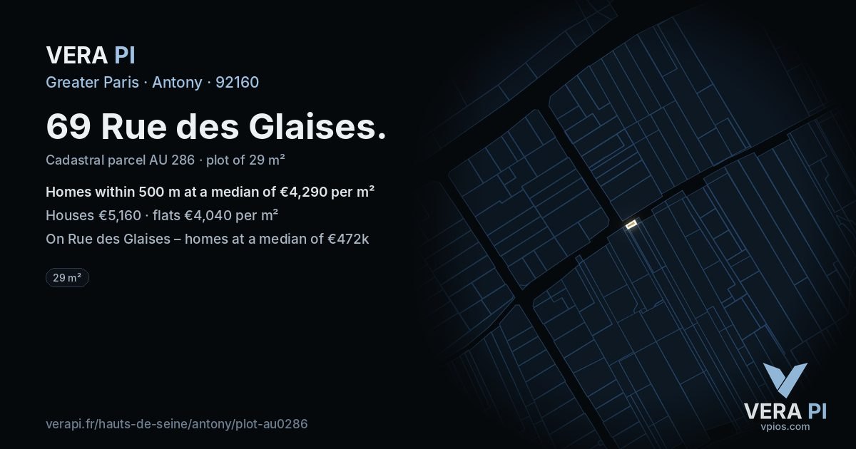 69 Rue des Glaises, Antony at night – the plot lit, the parcels around coloured by the prices near them
