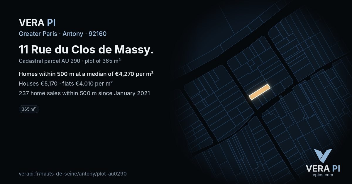 11 Rue du Clos de Massy, Antony at night – the plot lit, the parcels around coloured by the prices near them