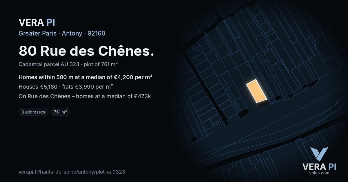 80 Rue des Chênes, Antony at night – the plot lit, the parcels around coloured by the prices near them