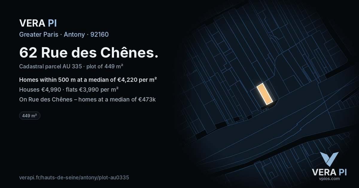 62 Rue des Chênes, Antony at night – the plot lit, the parcels around coloured by the prices near them